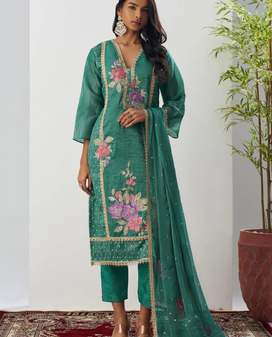 1004 - Dark Emerald Green Silk Pant Suit With Chiffon Dupatta